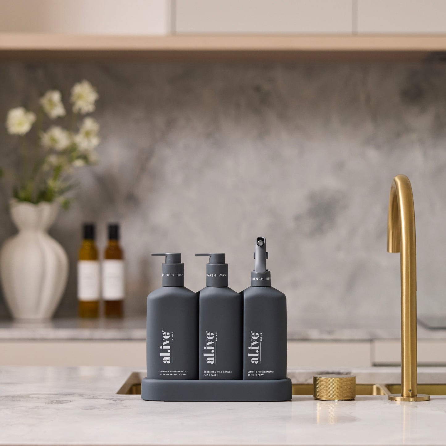 Al.ive Dishwashing Liquid Hand Wash & Bench Spray + Tray, Premium Kitchen Trio, Charcoal