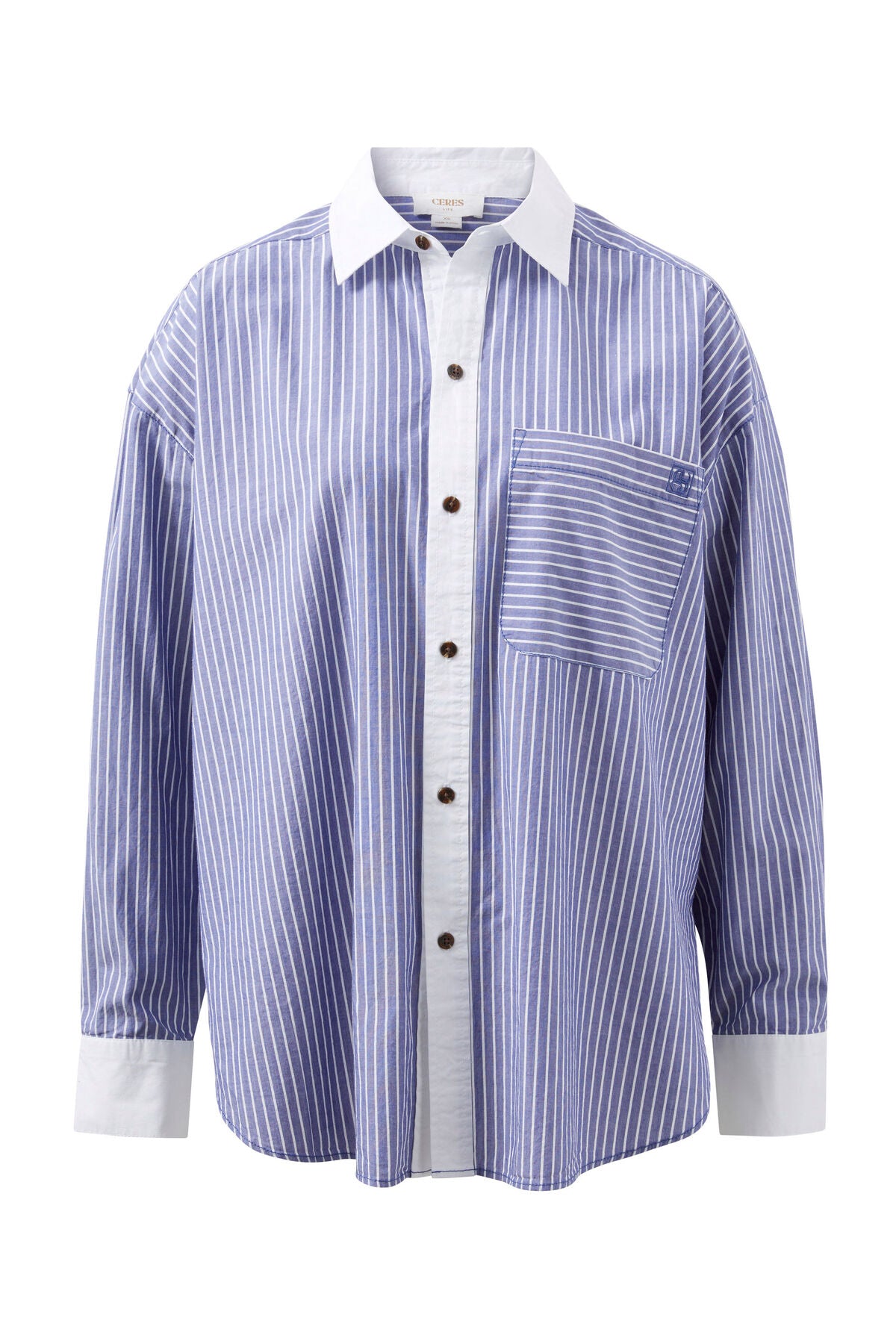 Ceres Life Peta Oversized Shirt, Blue Stripe White Collar