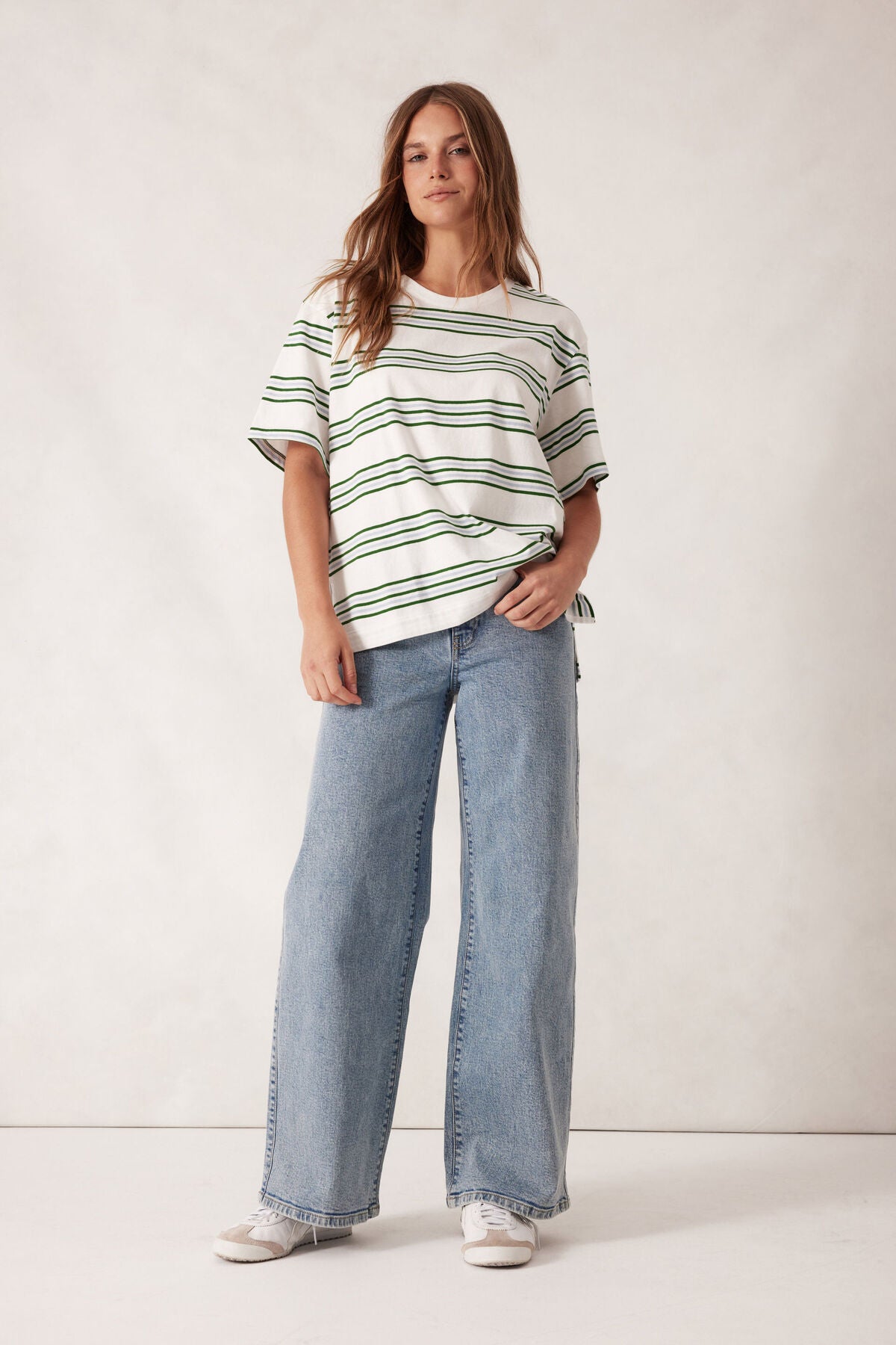 Ceres Life Stevie Slouchy Tee Tshirt, Vanilla Green Retro Stripe