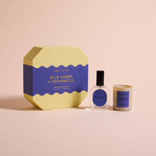 Celia Loves Room Spray & Candle Duo, Blue Amber + Cedarwood