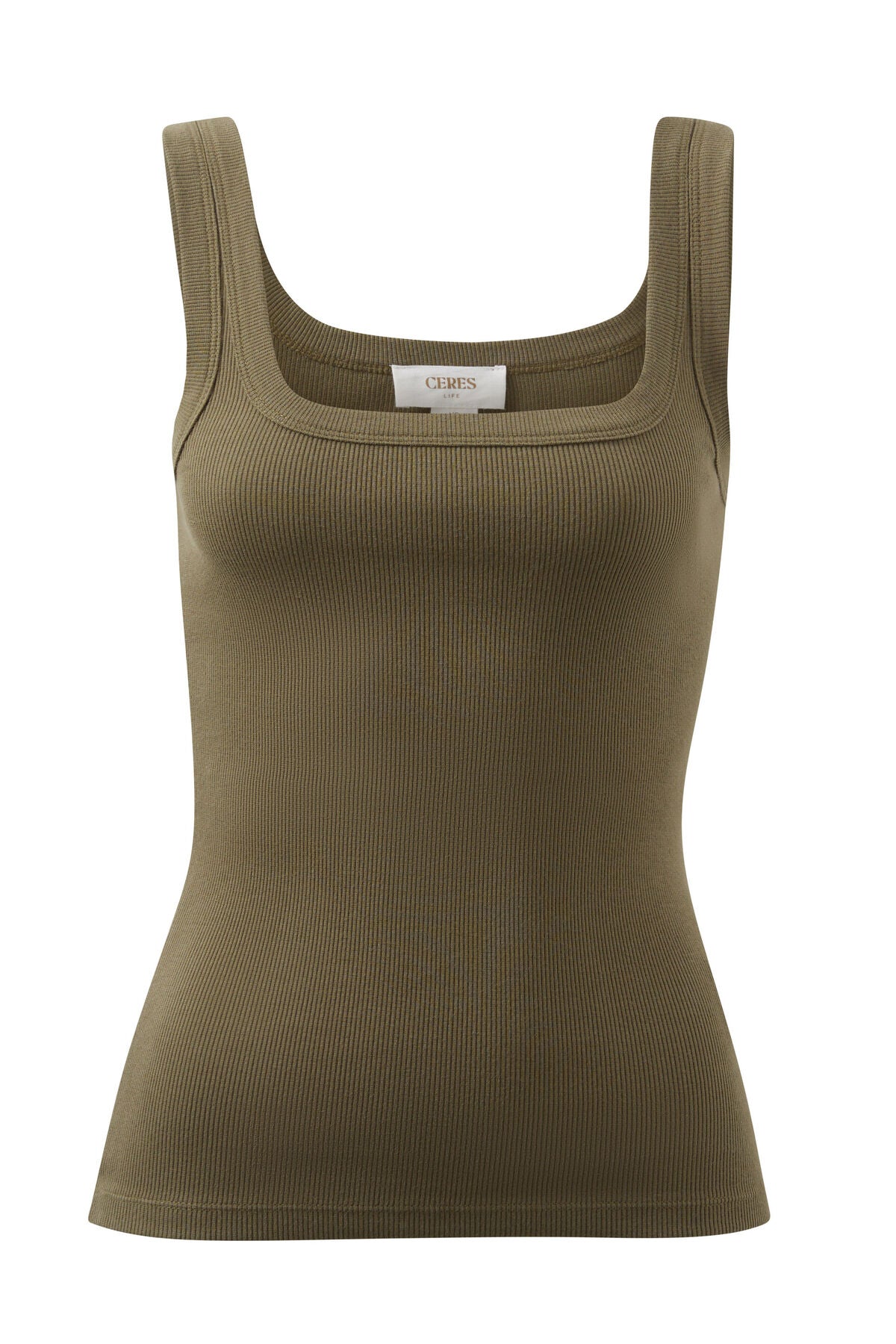Ceres Life Zaeli Contour Rib Square Neck Tank, Soft Olive