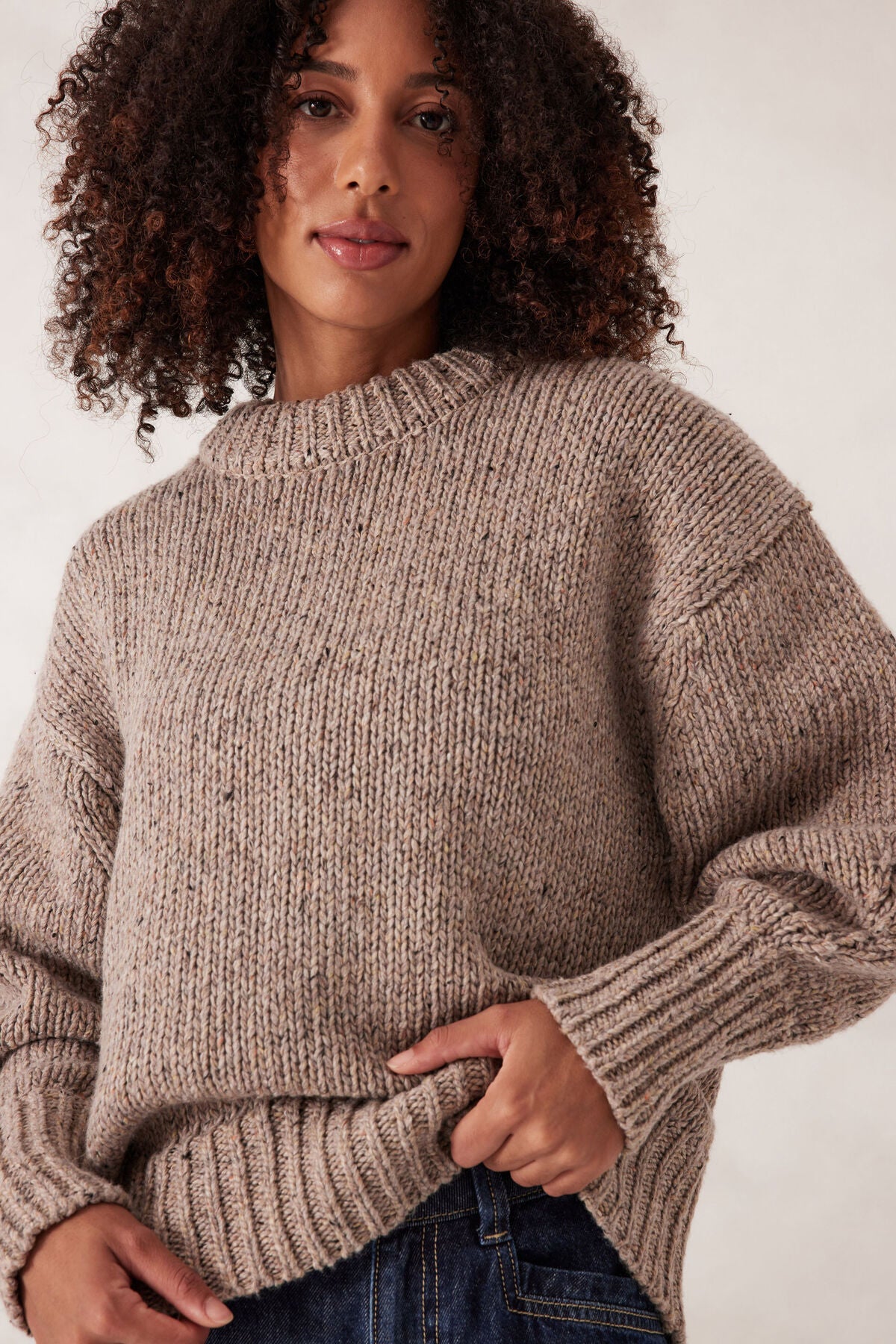 Ceres Life Lofty Knit Crew, Taupe Fleck