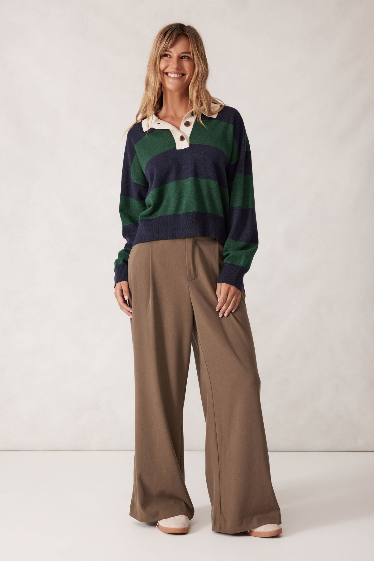 Ceres Life Long Sleeve Rugby Knit, Pine Green Navy Stripe