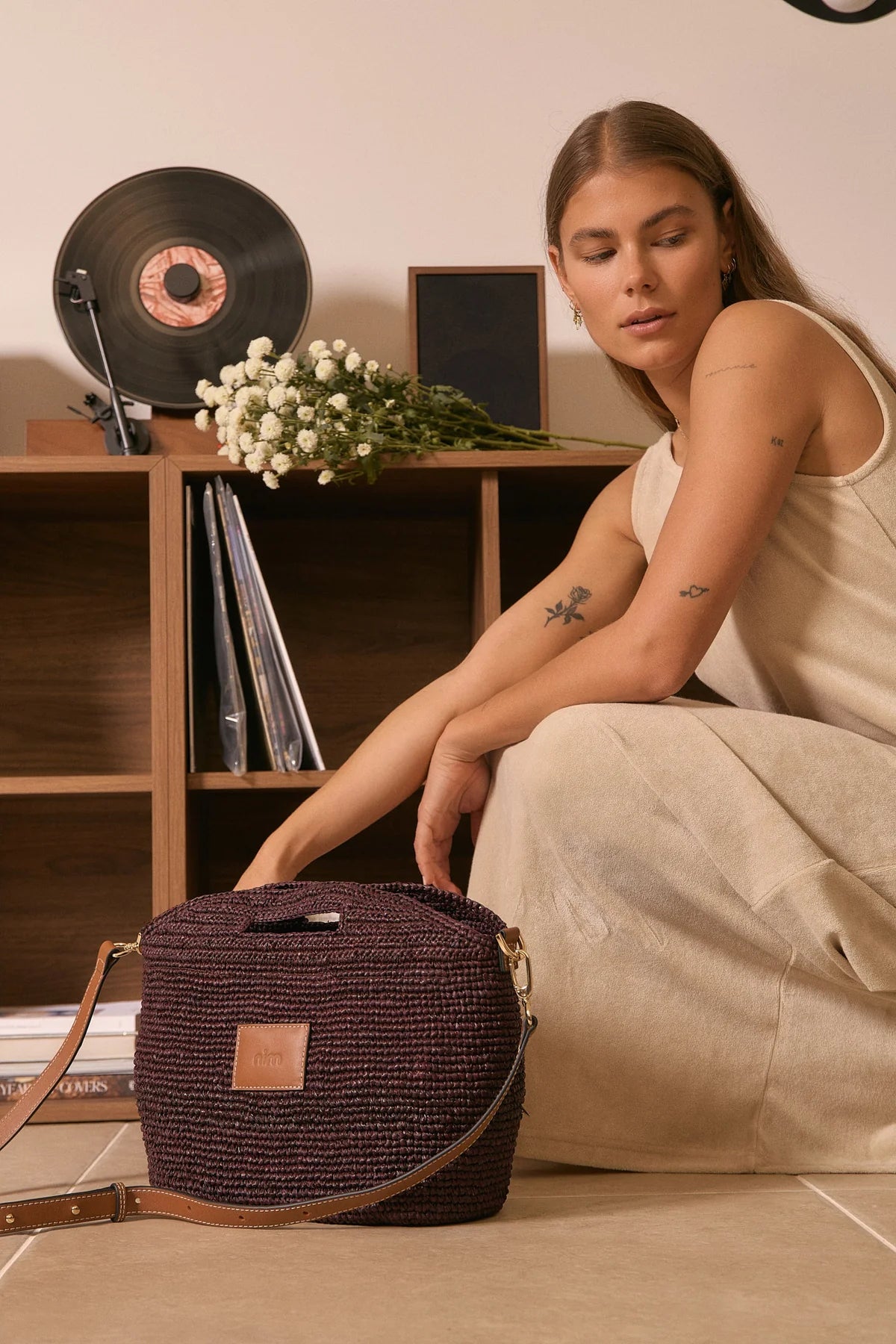 Nim The Label Leather Trimmed Raffia BB, Cocoa