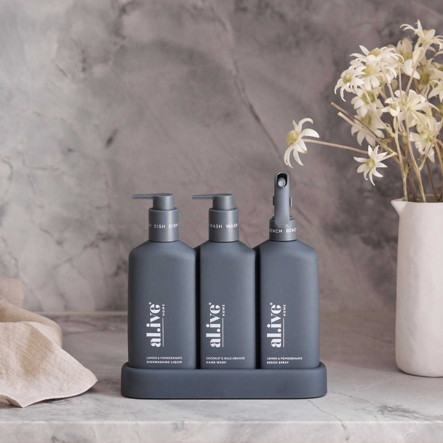 Al.ive Dishwashing Liquid Hand Wash & Bench Spray + Tray, Premium Kitchen Trio, Charcoal