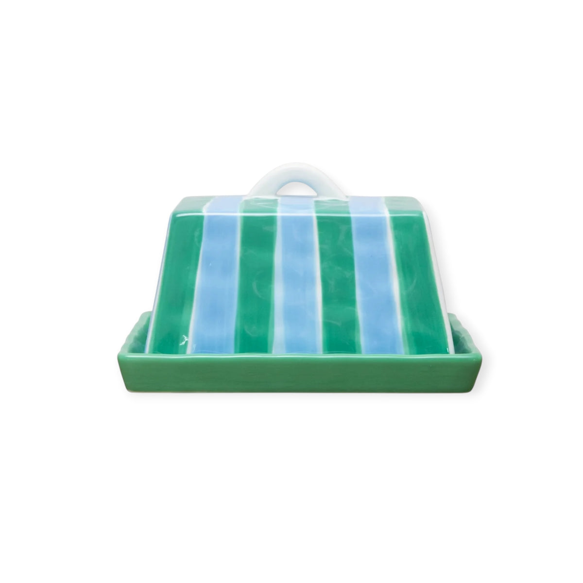 Noss & Co Large Butter Dish, Cornflower Blue & Green Stripe