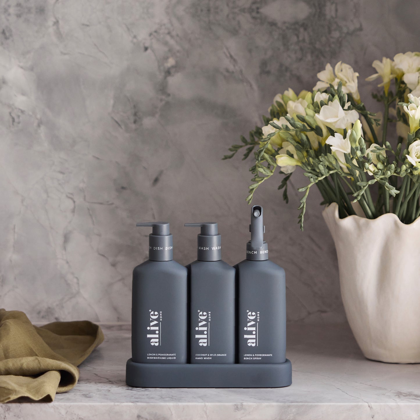 Al.ive Dishwashing Liquid Hand Wash & Bench Spray + Tray, Premium Kitchen Trio, Charcoal