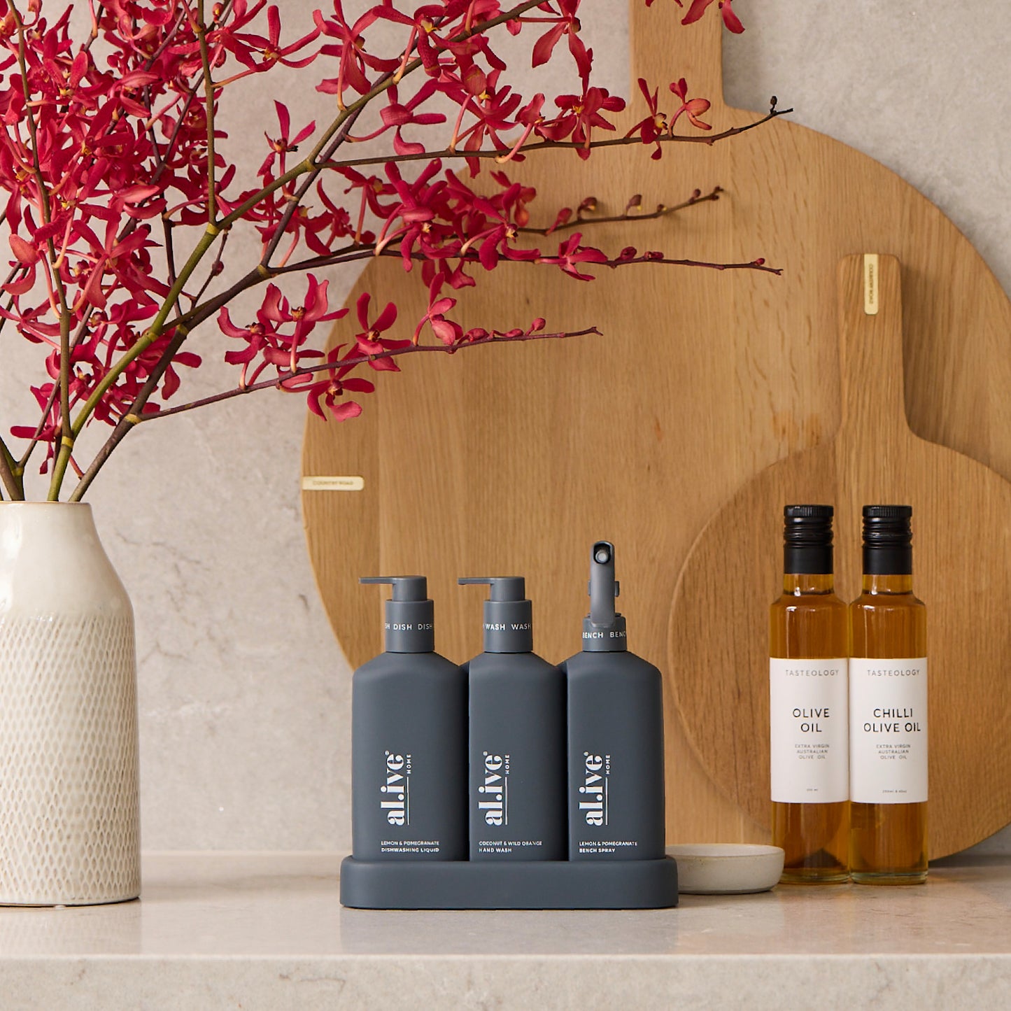 Al.ive Dishwashing Liquid Hand Wash & Bench Spray + Tray, Premium Kitchen Trio, Charcoal