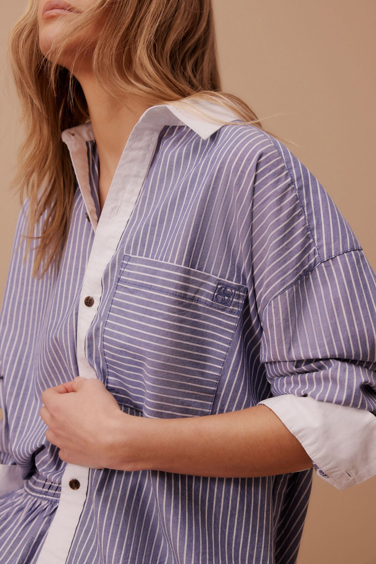 Ceres Life Peta Oversized Shirt, Blue Stripe White Collar