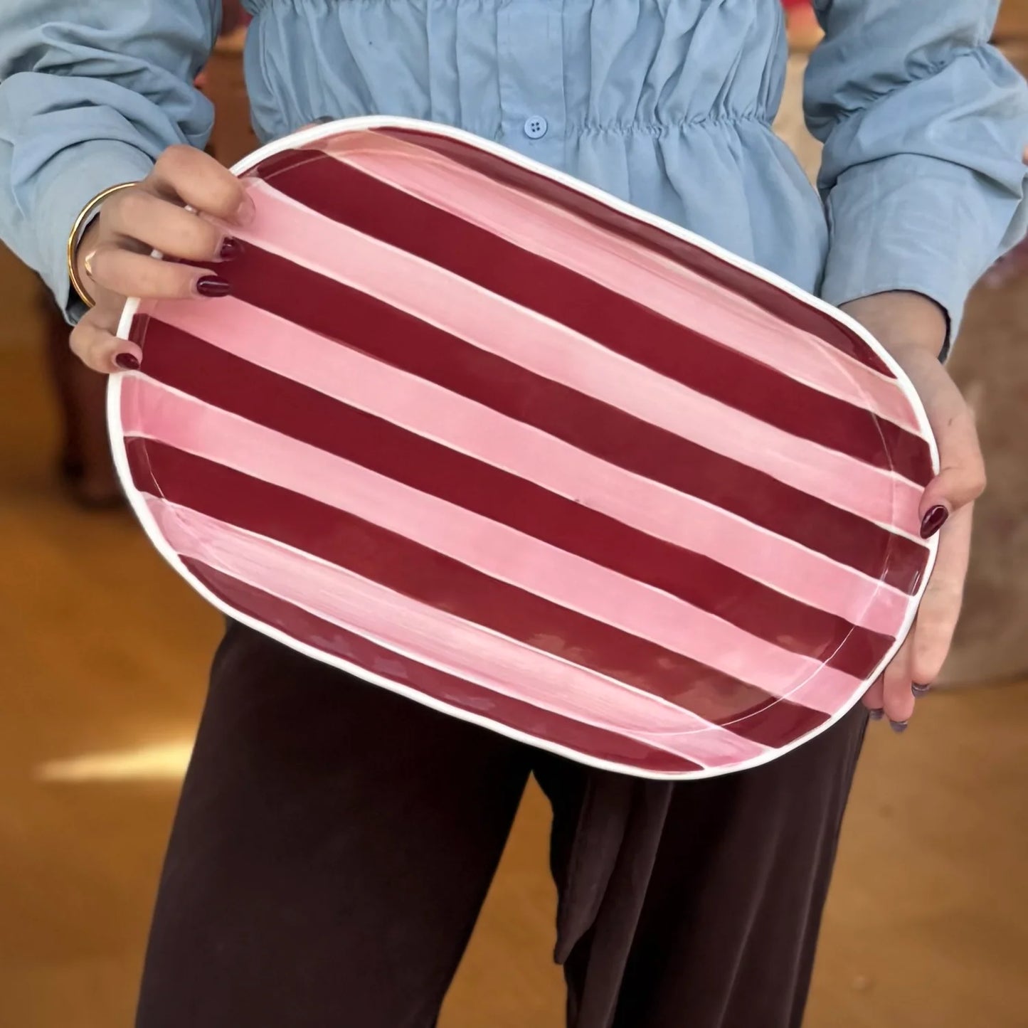 Noss & Co Oval Stripe Platter, Pink & Burgundy