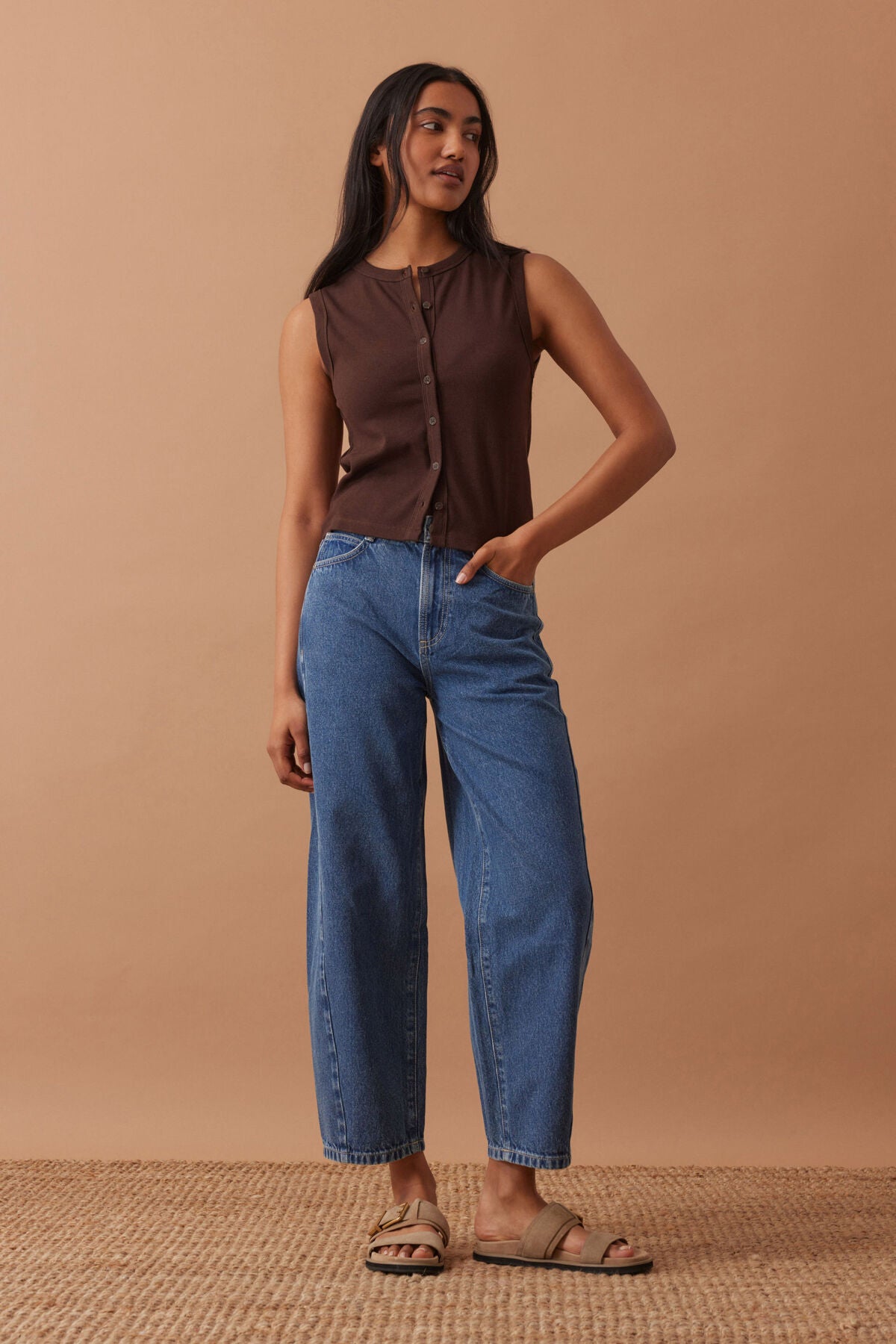 Ceres Life Lyla Button Through Rib Tank, Chocolate