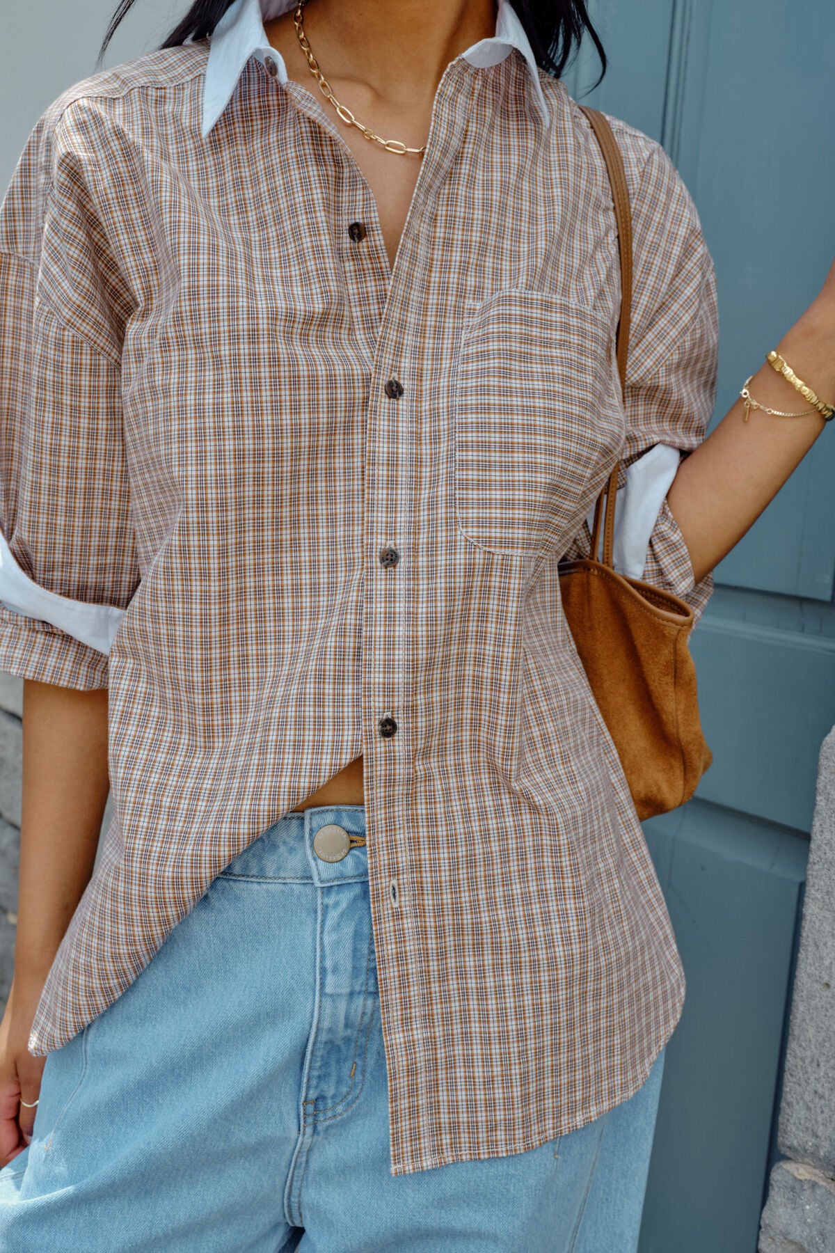 Ceres Life Peta Oversized Shirt, Toffee Check