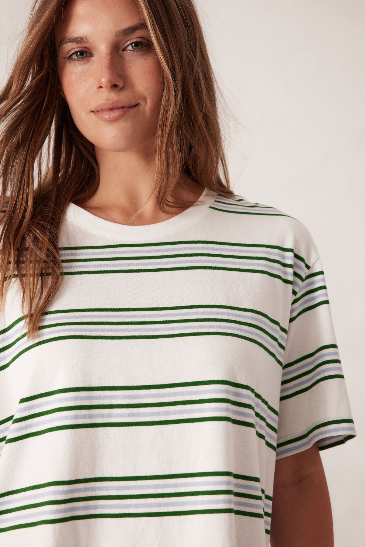 Ceres Life Stevie Slouchy Tee Tshirt, Vanilla Green Retro Stripe