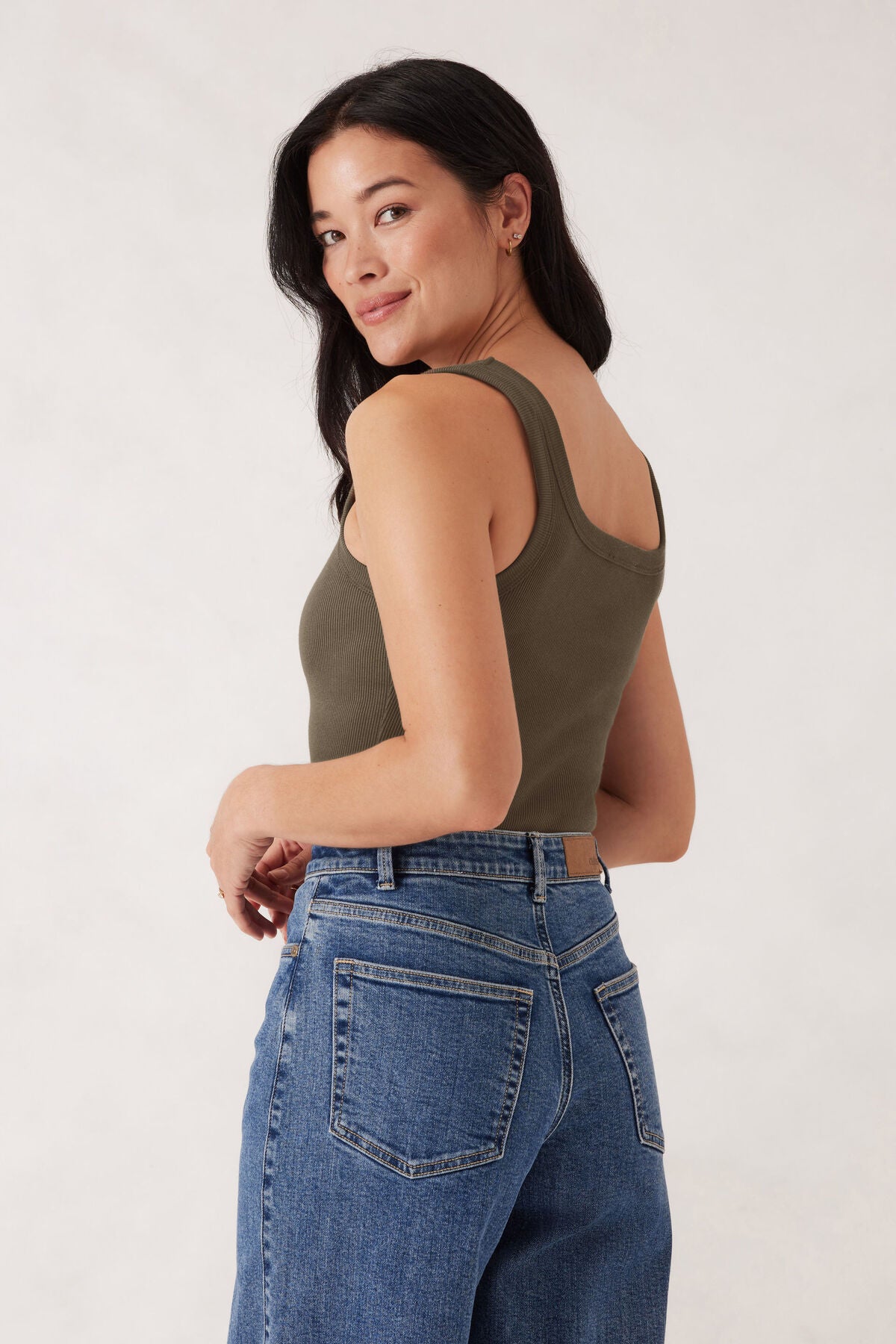 Ceres Life Zaeli Contour Rib Square Neck Tank, Soft Olive