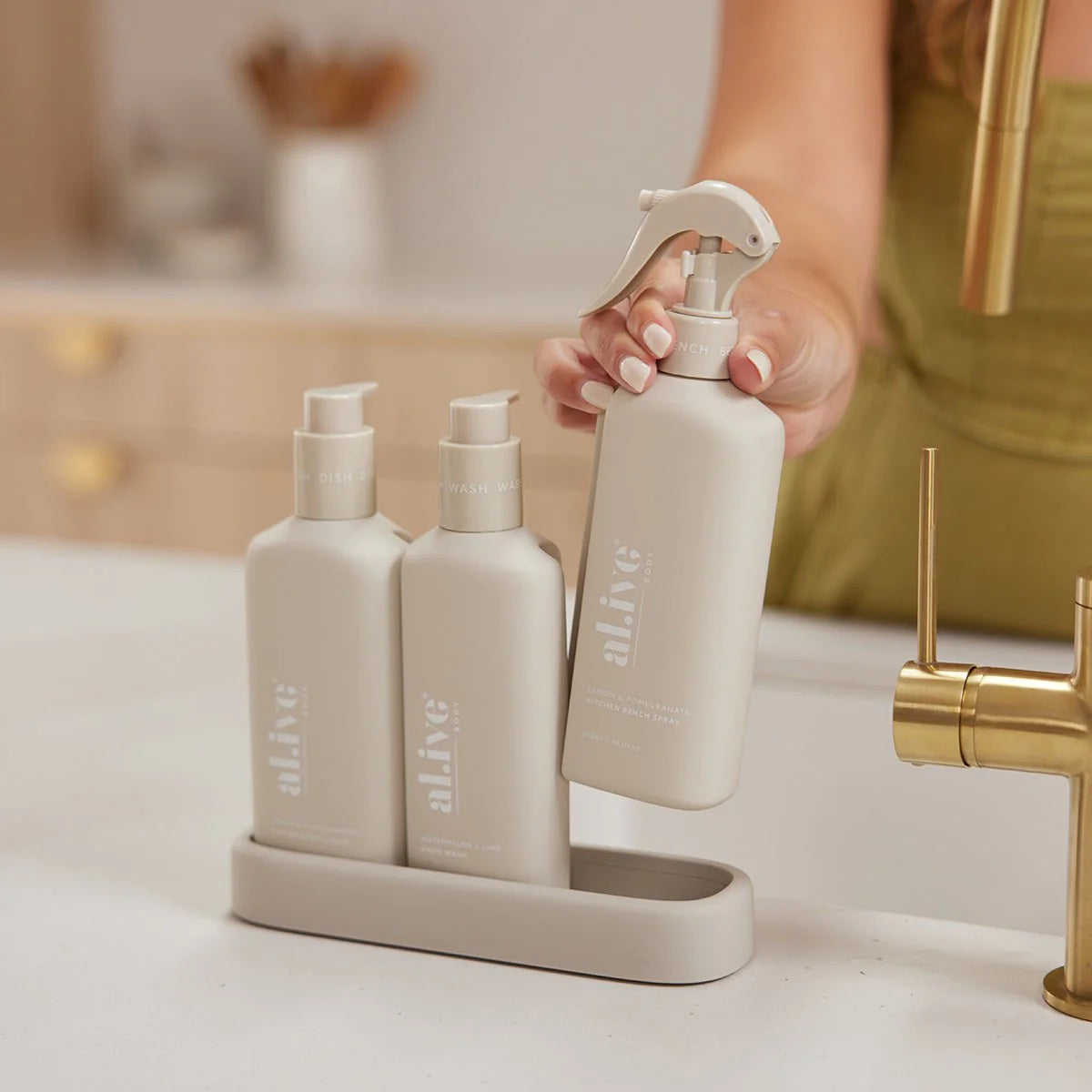 Al.ive Dishwashing Liquid Hand Wash & Bench Spray + Tray, Premium Kitchen Trio, Stone