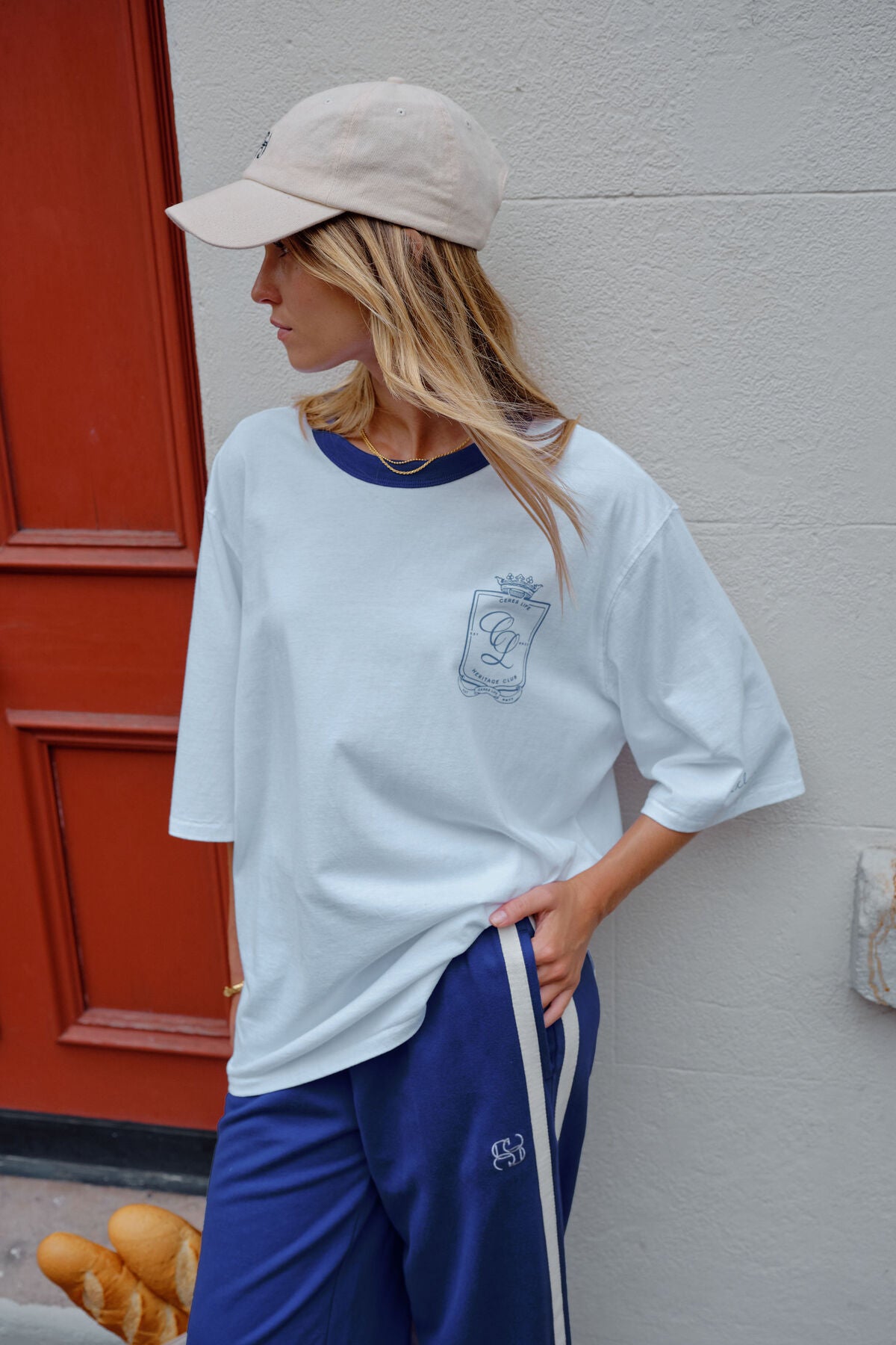 Ceres Life Liv Oversized Tee, White with Navy Shield