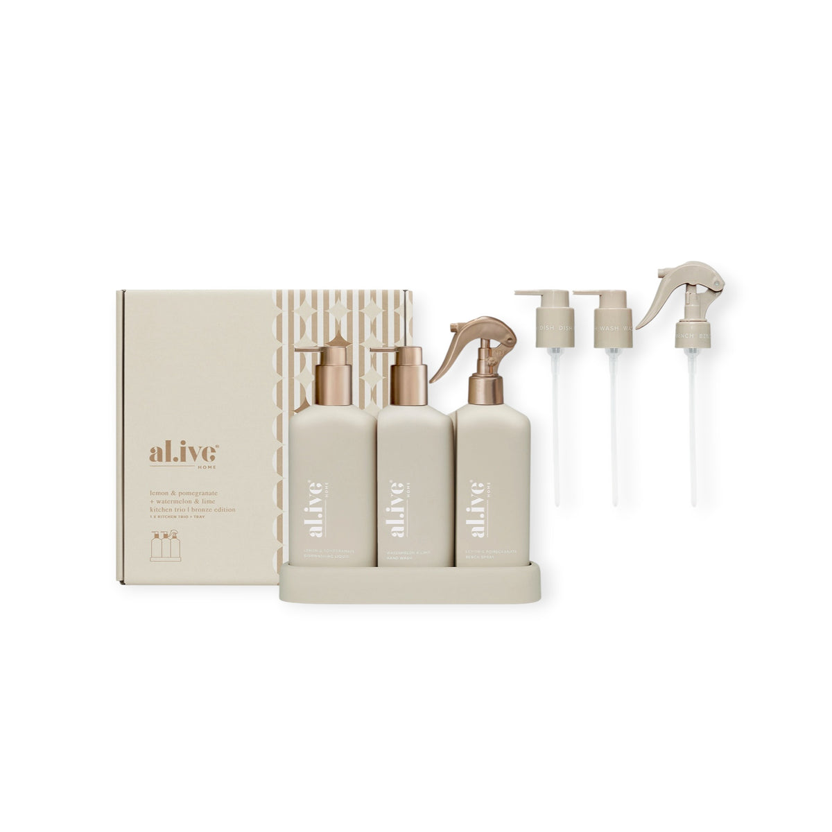 Al.ive Dishwashing Liquid Hand Wash & Bench Spray + Tray, Premium Kitchen Trio, Stone / Bronze Edition