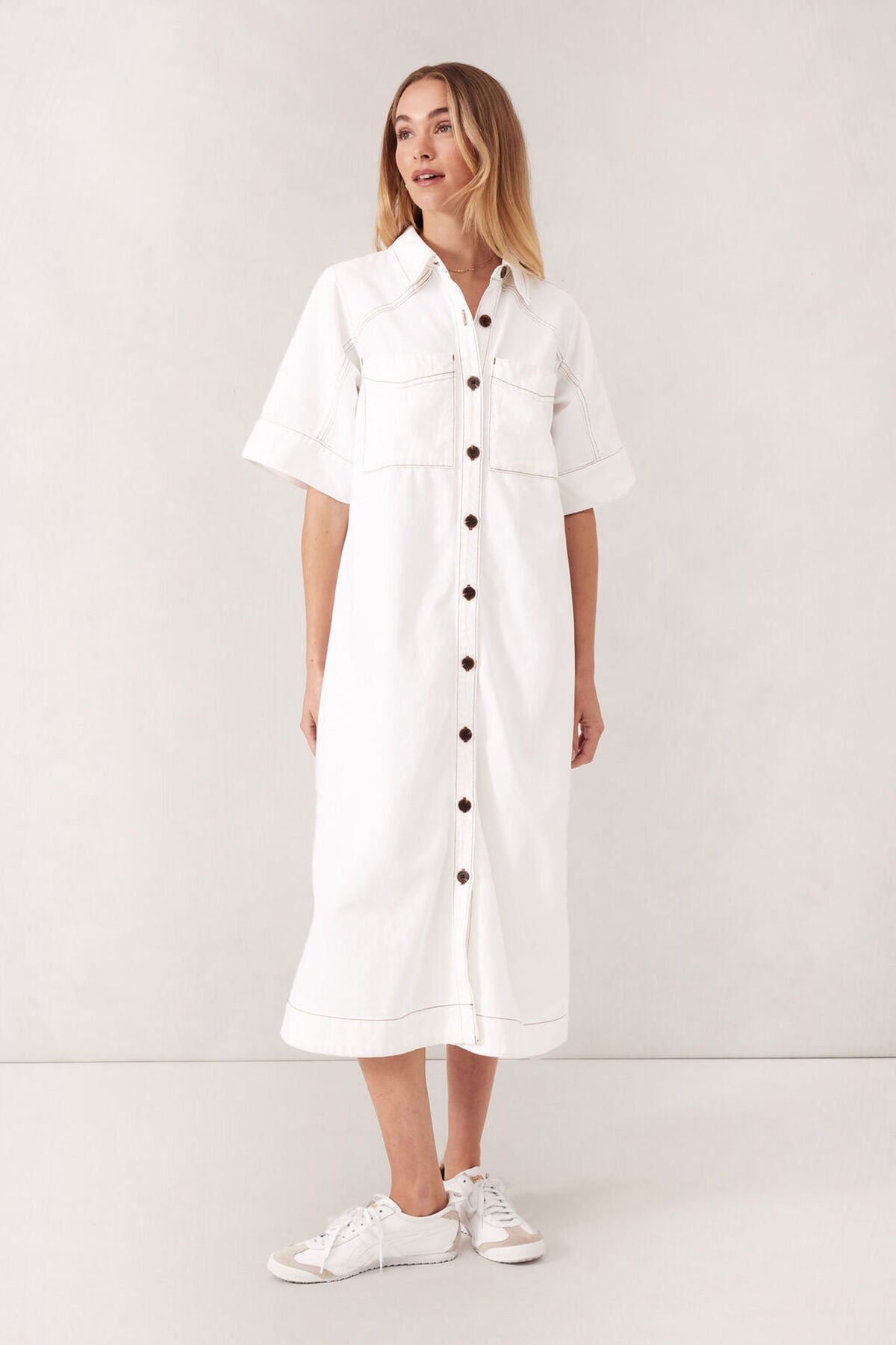 Ceres Life Short Sleeve Yoke Detail Midi Dress, Fresh Ecru Twill