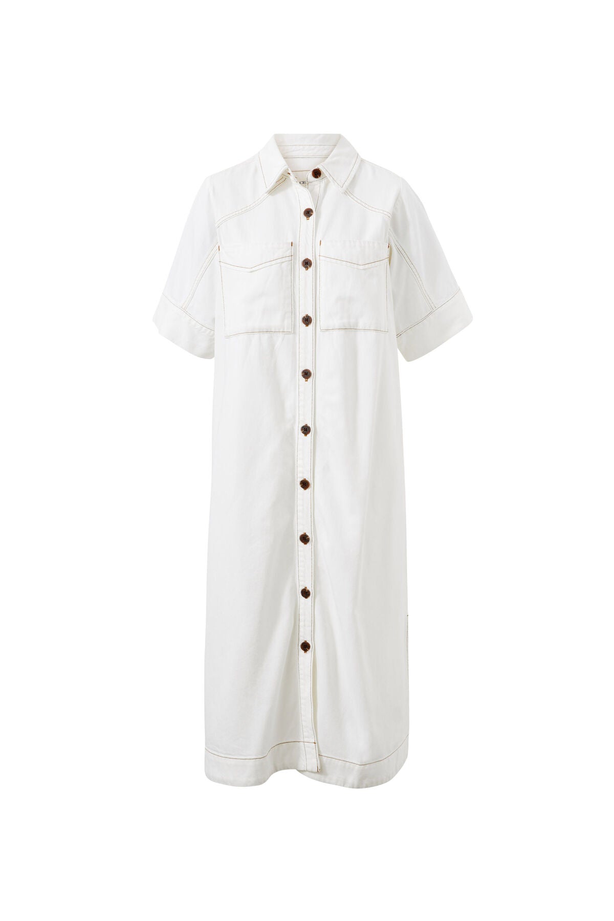 Ceres Life Short Sleeve Yoke Detail Midi Dress, Fresh Ecru Twill