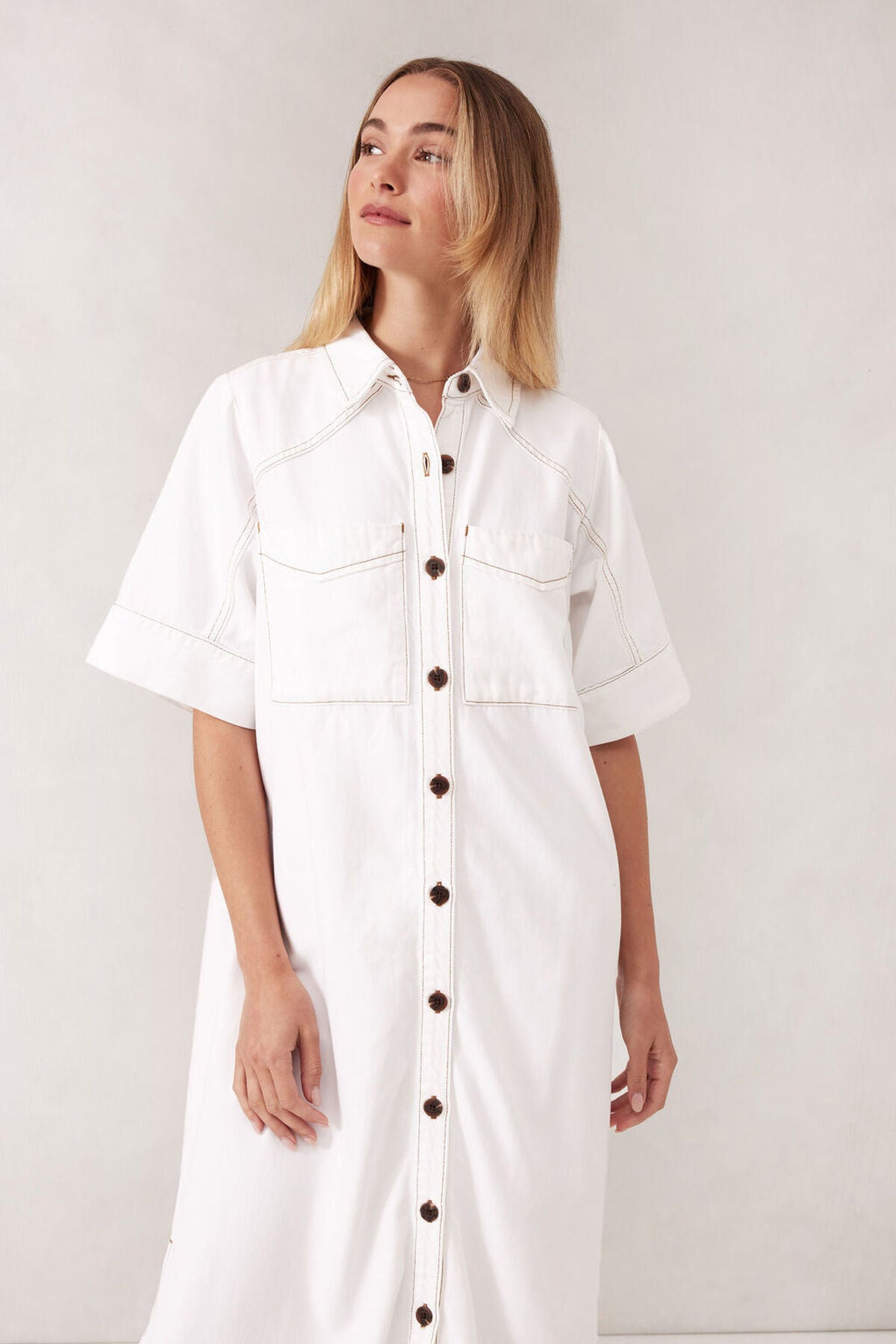 Ceres Life Short Sleeve Yoke Detail Midi Dress, Fresh Ecru Twill