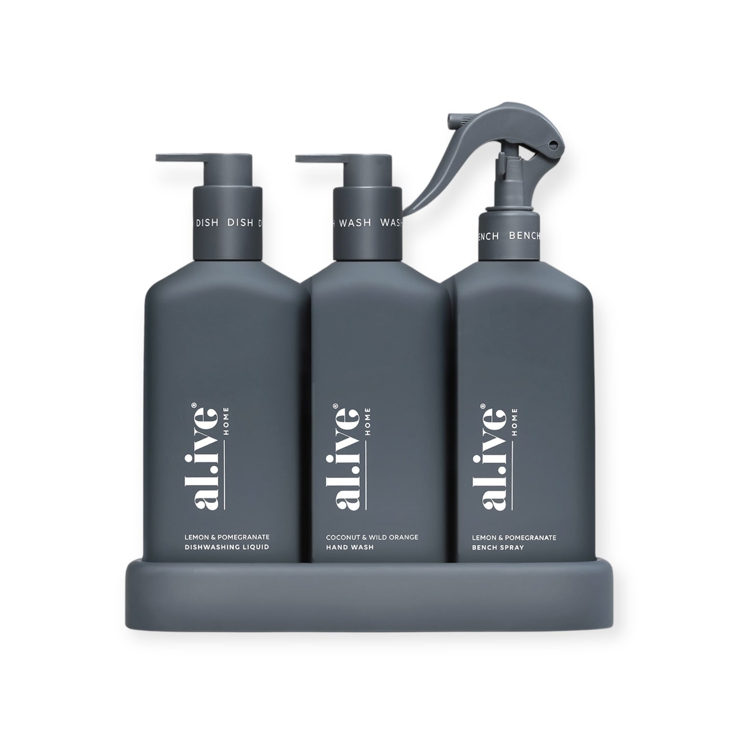 Al.ive Dishwashing Liquid Hand Wash & Bench Spray + Tray, Premium Kitchen Trio, Charcoal