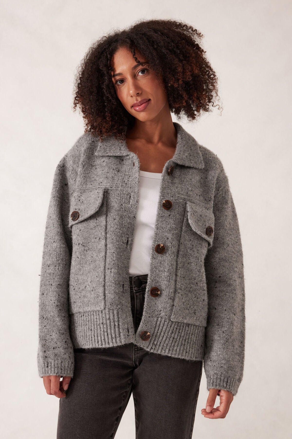 Ceres Life Knit Bomber Cardi, Mid Grey Nep