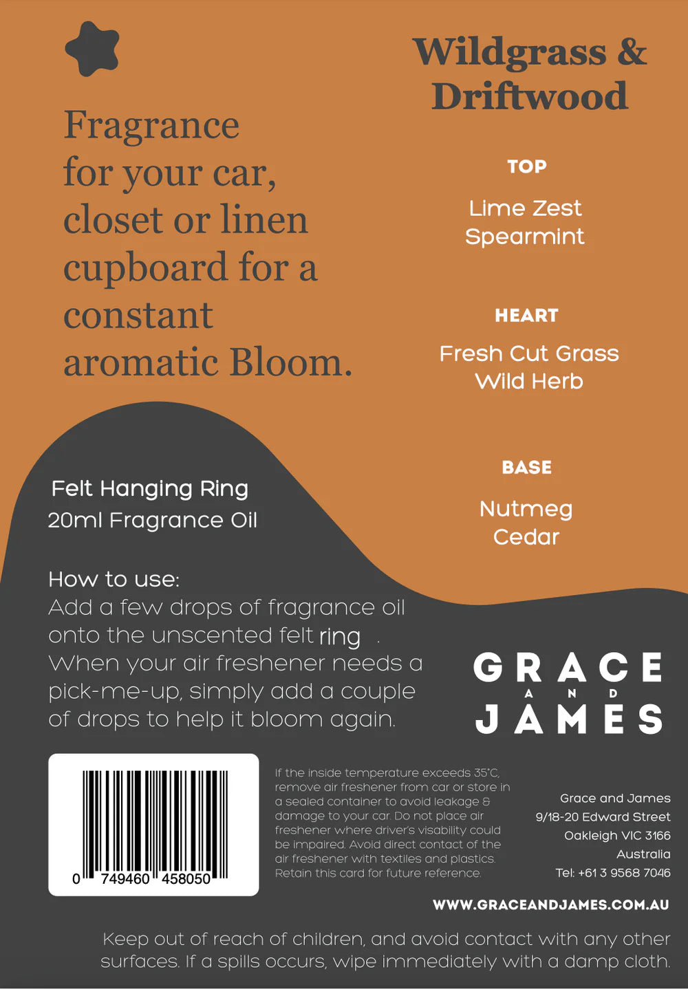 Grace and James Bloom Collection Felt Air Freshener, Wildgrass & Driftwood