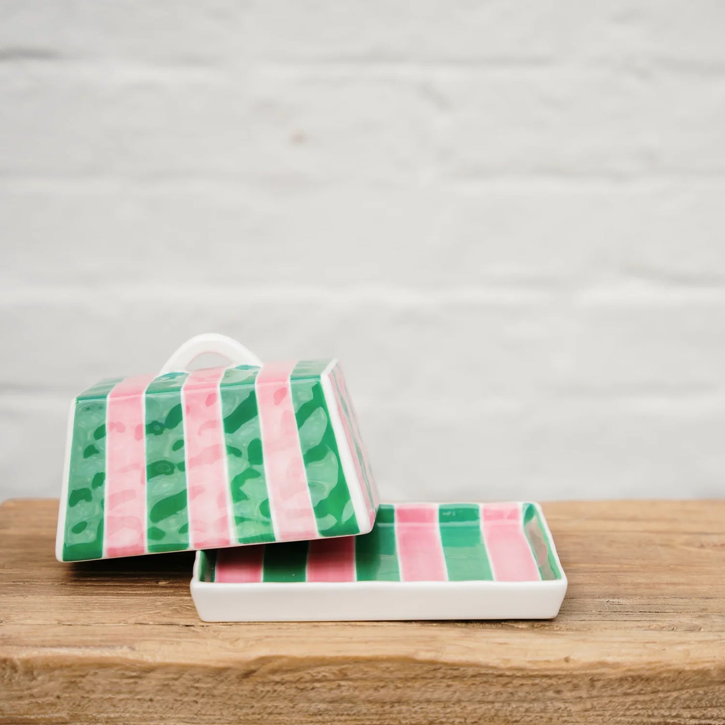 Noss & Co Large Butter Dish, Pink & Green Stripe