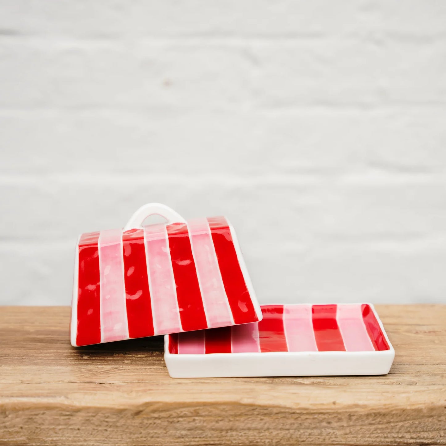 Noss & Co Large Butter Dish, Red & Pink Stripe