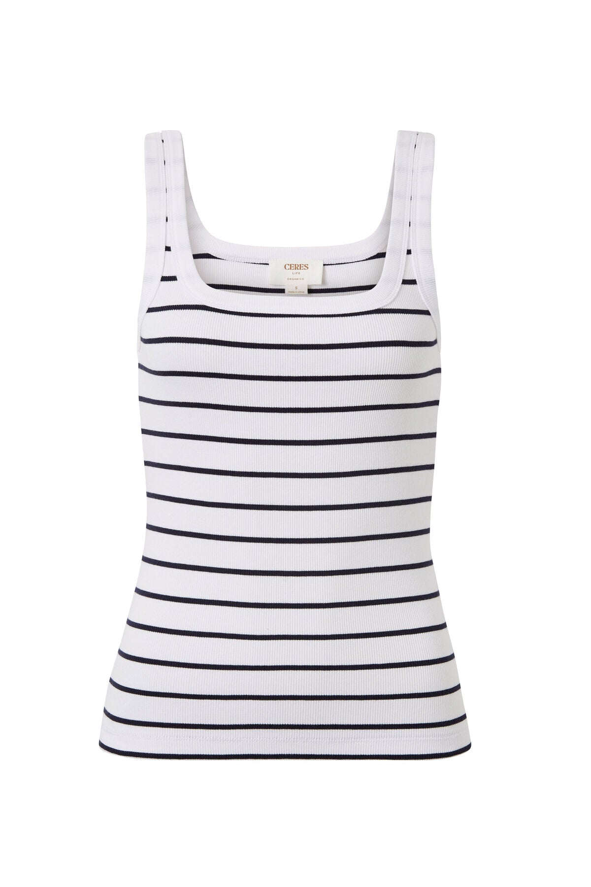 Ceres Life Contour Rib Square Neck Tank, White Navy Stripe