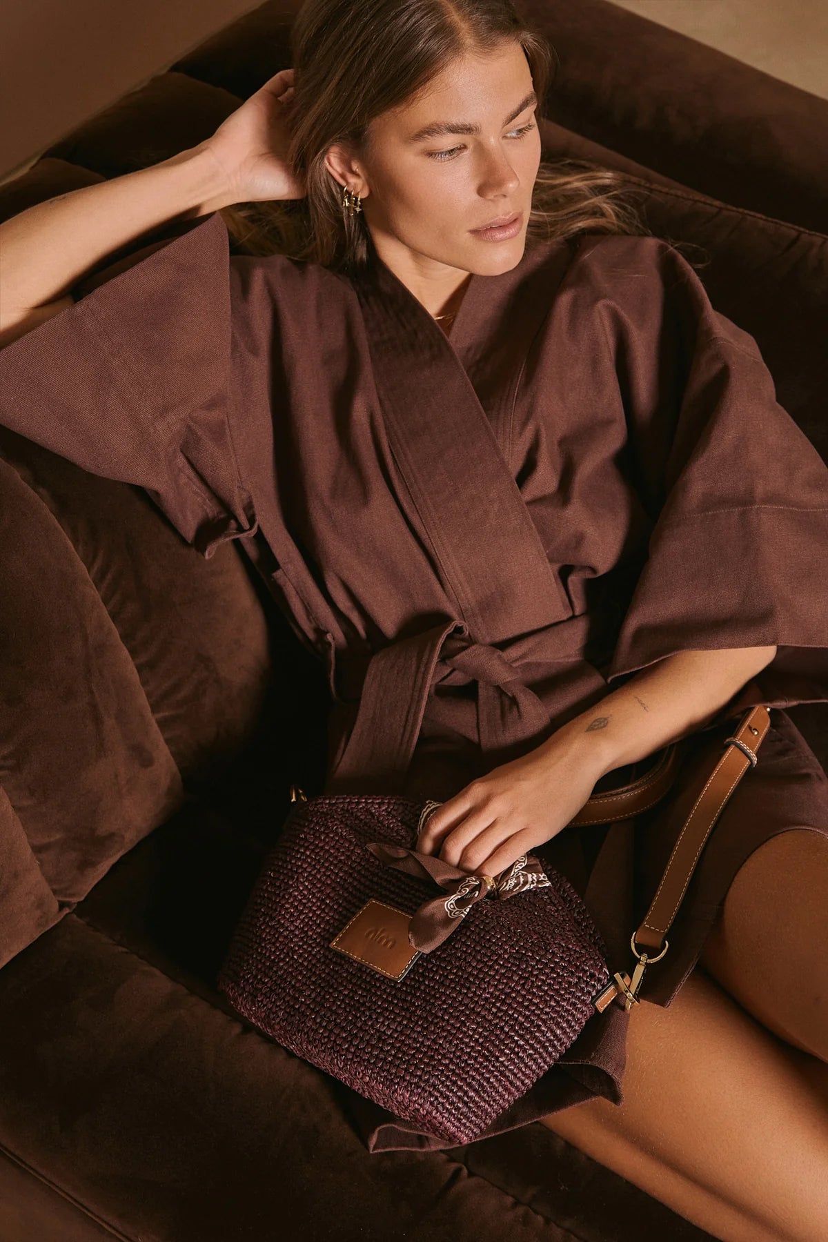 Nim The Label Leather Trimmed Raffia Mini, Cocoa