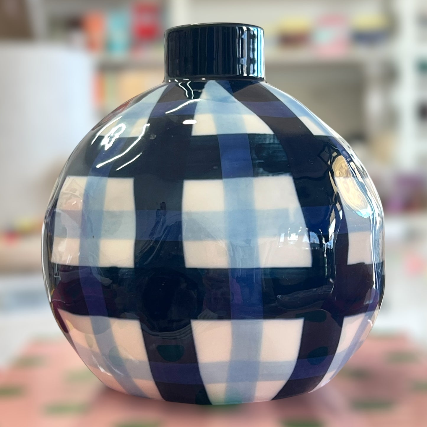 Noss & Co Round Bud Vase, Navy & Cornflower Gingham