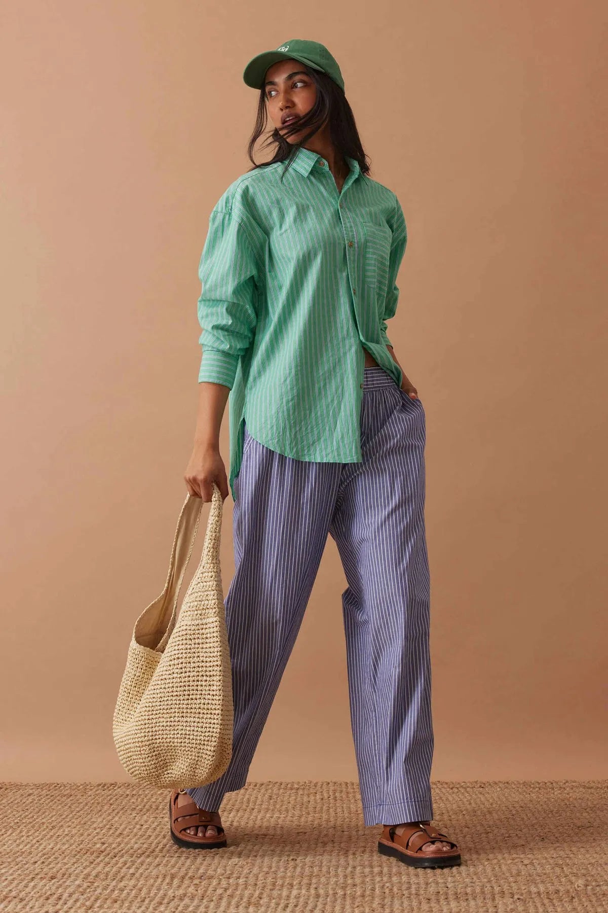Ceres Life Peta Oversized Shirt, Zesty Green Triple Stripe