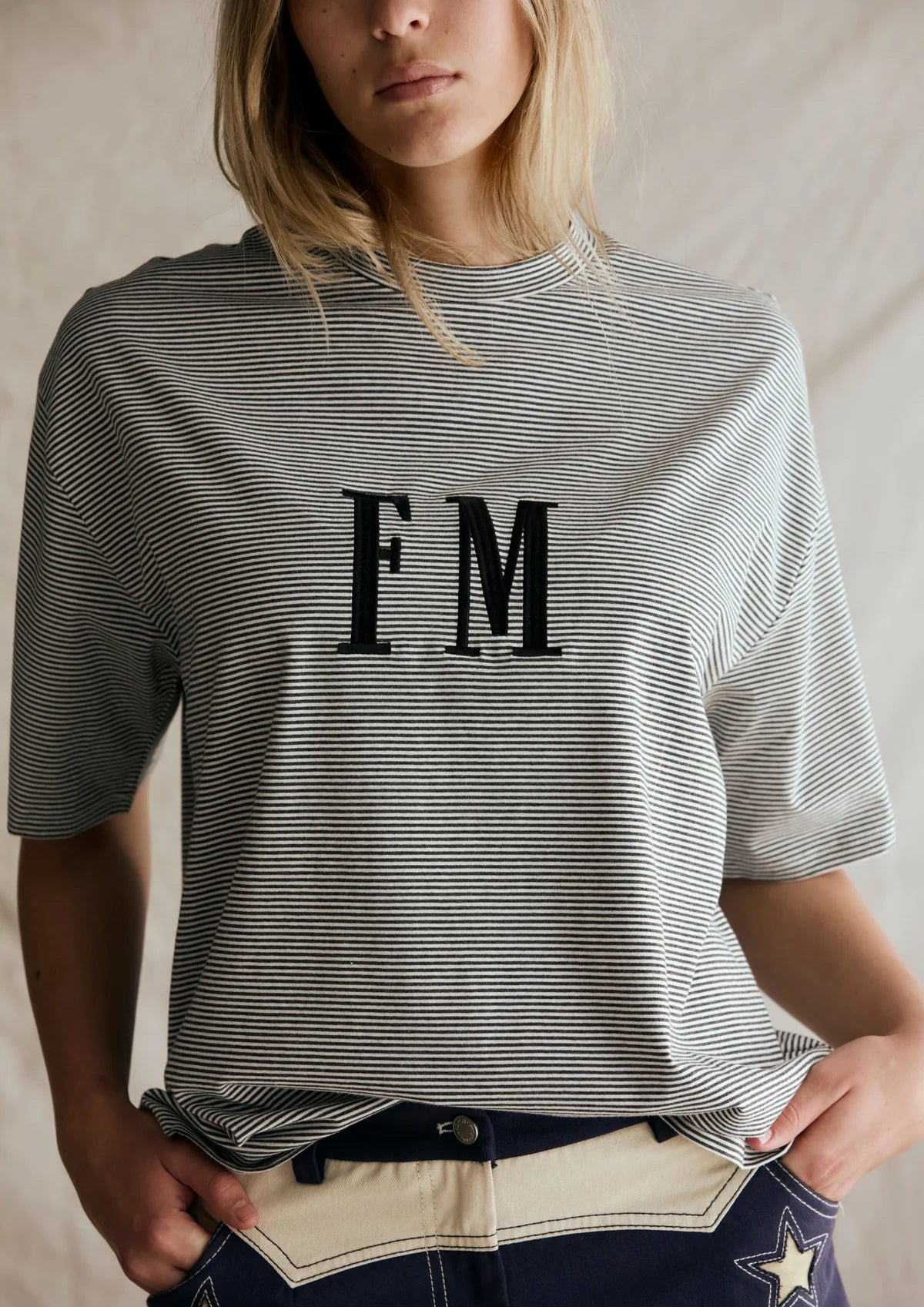 FAR MER. by Whitney Oversize Stripe Tshirt, Charcoal with White