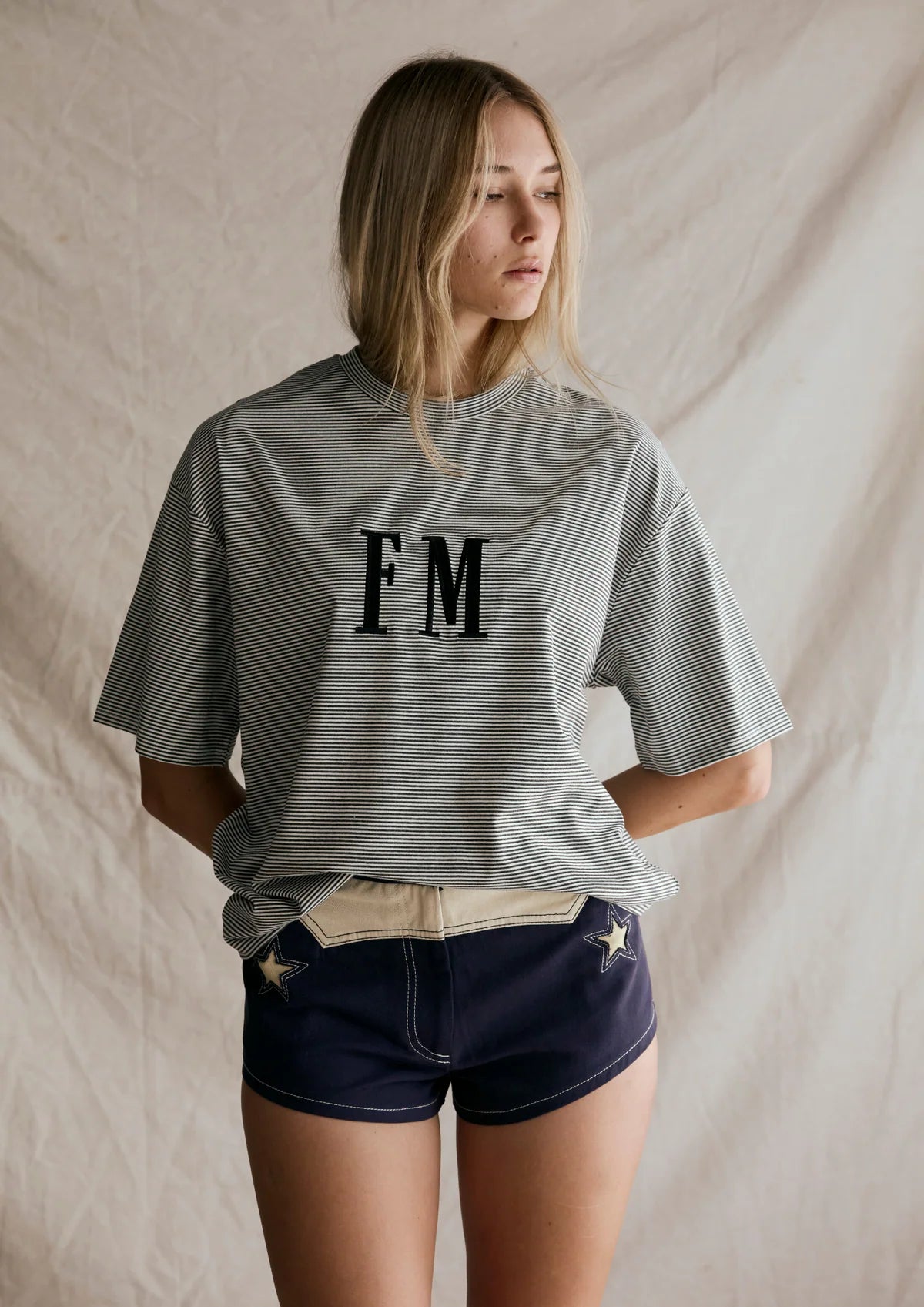FAR MER. by Whitney Oversize Stripe Tshirt, Charcoal with White