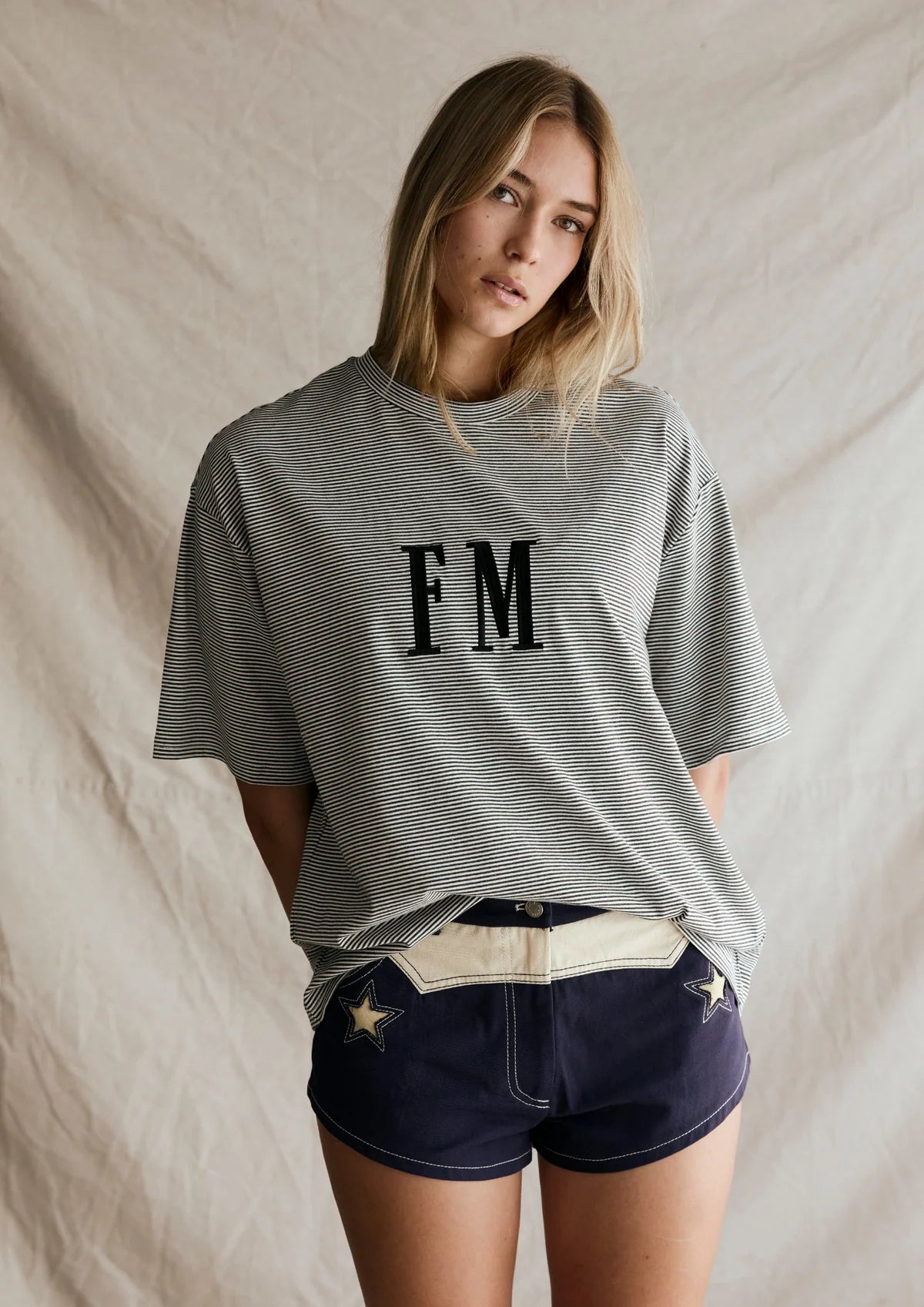 FAR MER. by Whitney Oversize Stripe Tshirt, Charcoal with White