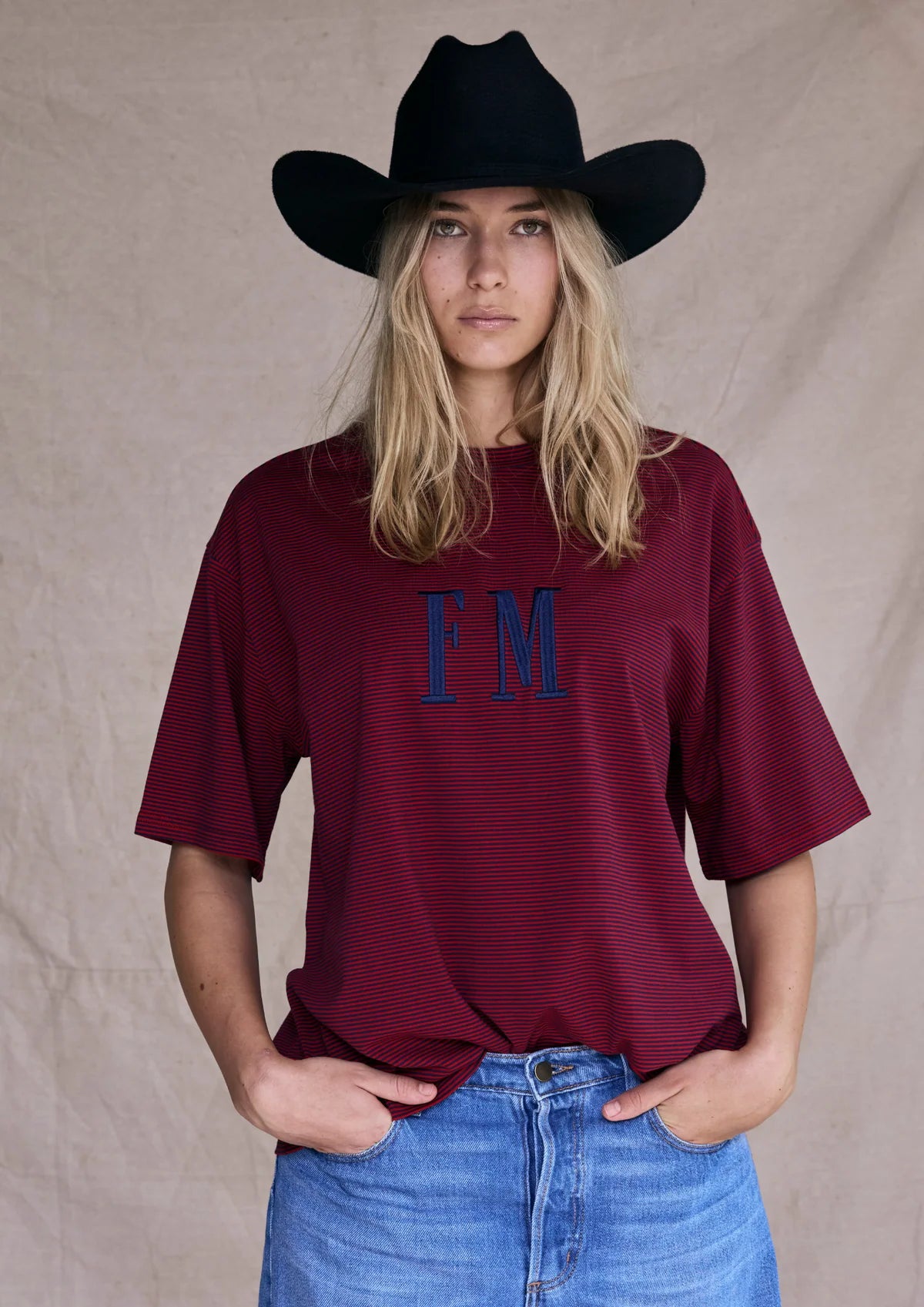 FAR MER. by Whitney Oversize Stripe Tshirt, Red with Navy