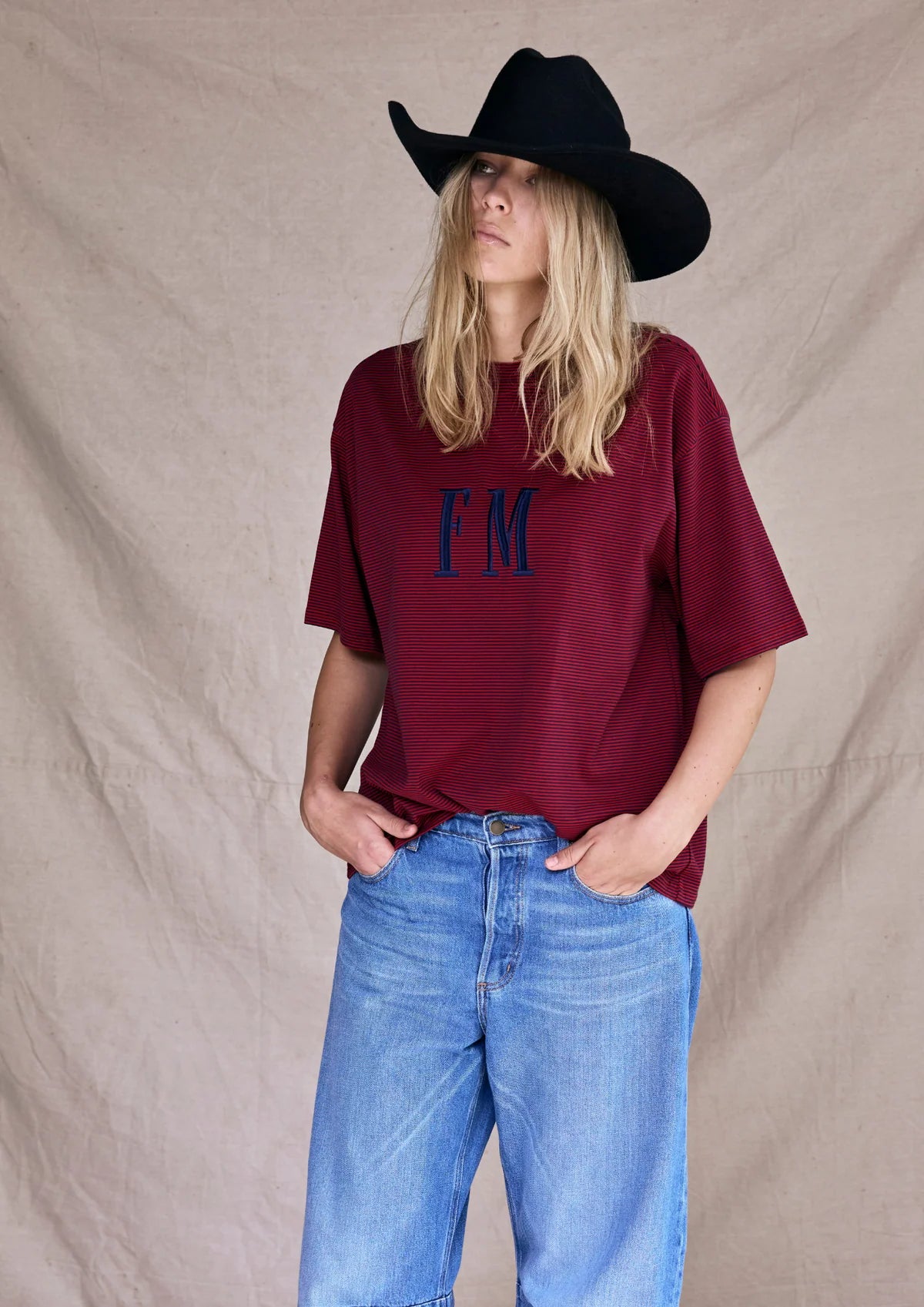 FAR MER. by Whitney Oversize Stripe Tshirt, Red with Navy