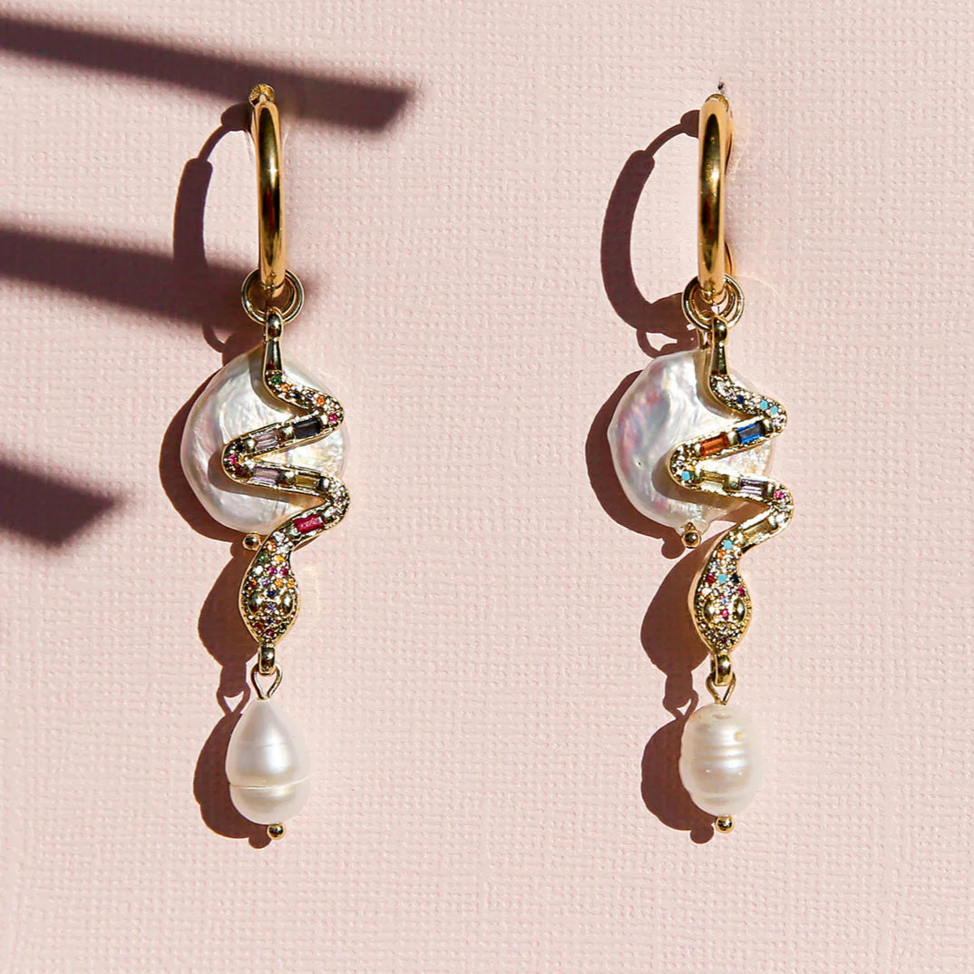 Kingston Snake Pearl Huggie Earrings