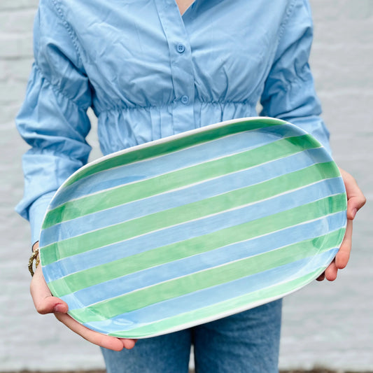 Noss & Co Oval Platter, Blue & Mint Stripe