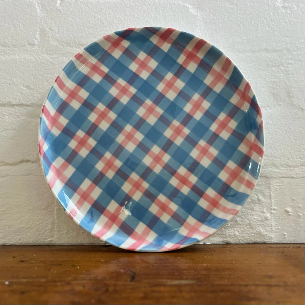 Noss Gingham Platter, Cornflower Blue & Rose Pink