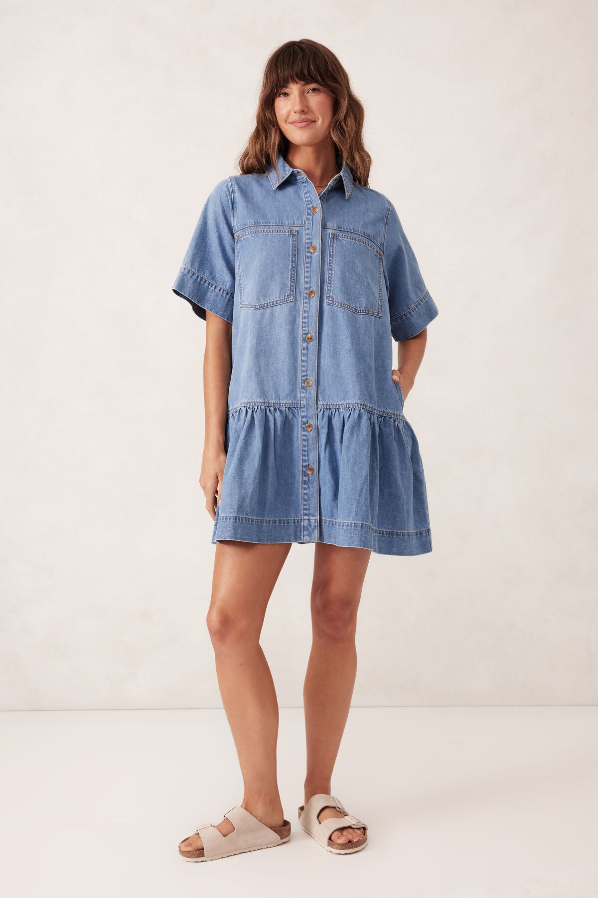 Ceres Life Short Sleeve Tiered Pocket Shirt Dress, Vintage Blue