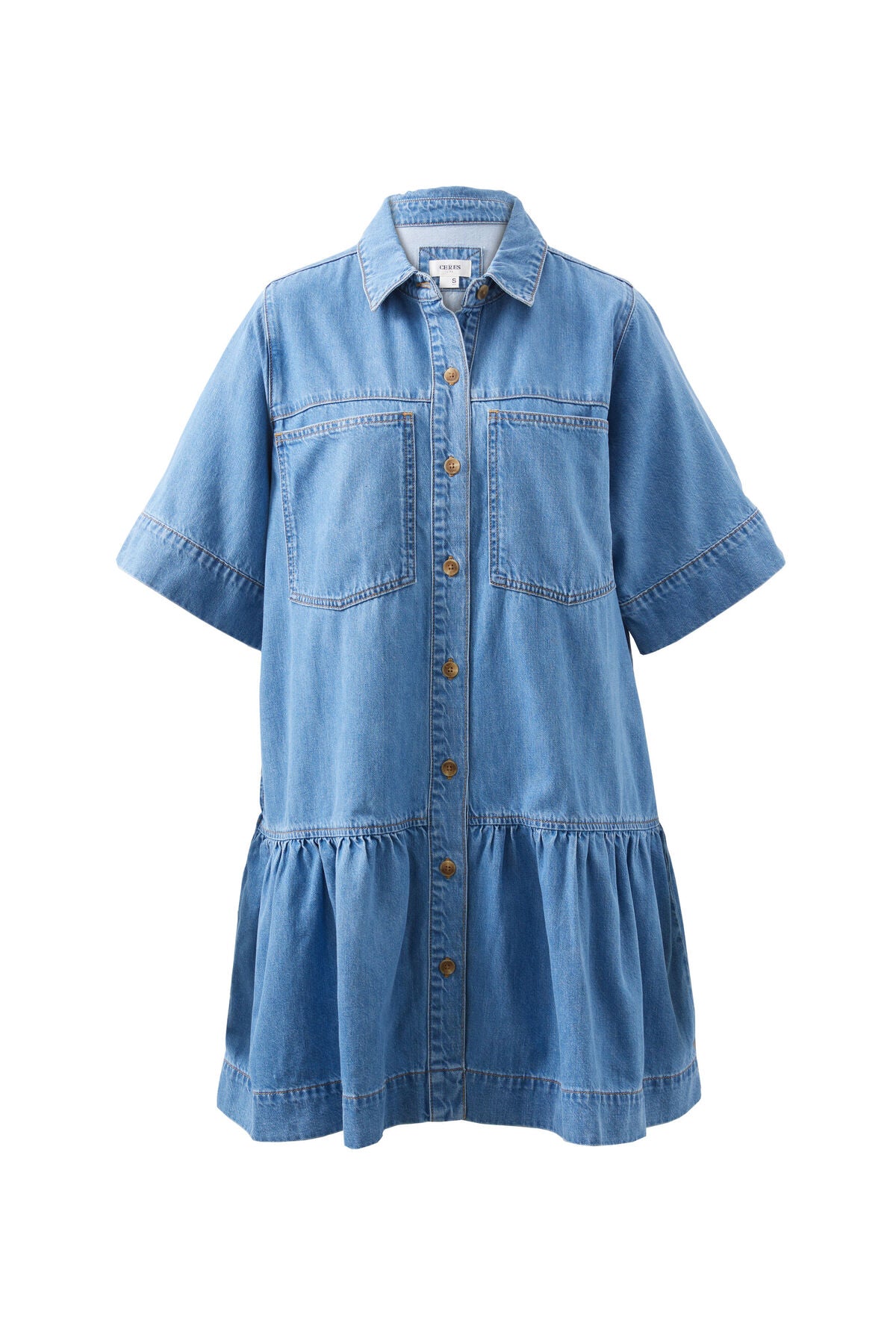 Ceres Life Short Sleeve Tiered Pocket Shirt Dress, Vintage Blue
