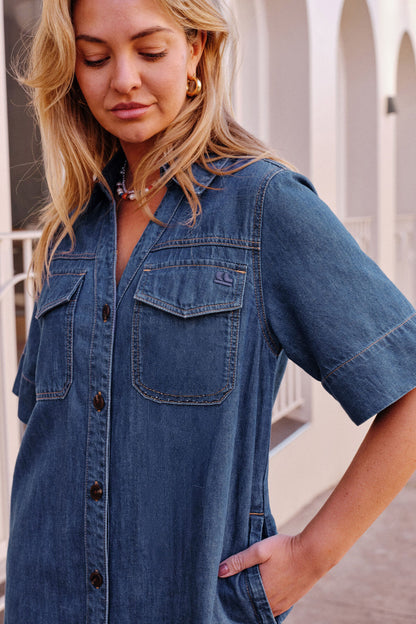 Ceres Life Sloane Short Sleeve Midi Dress, True Indigo
