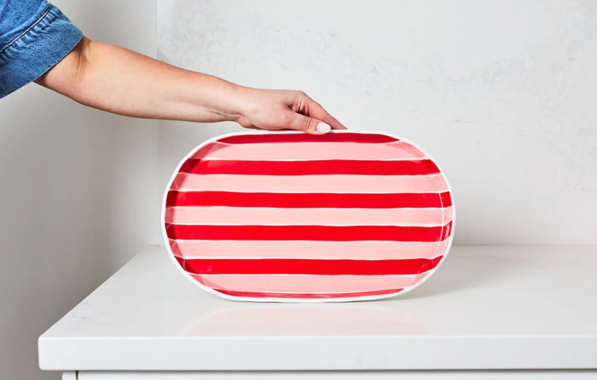 Noss & Co Oval Stripe Platter, Pink & Red