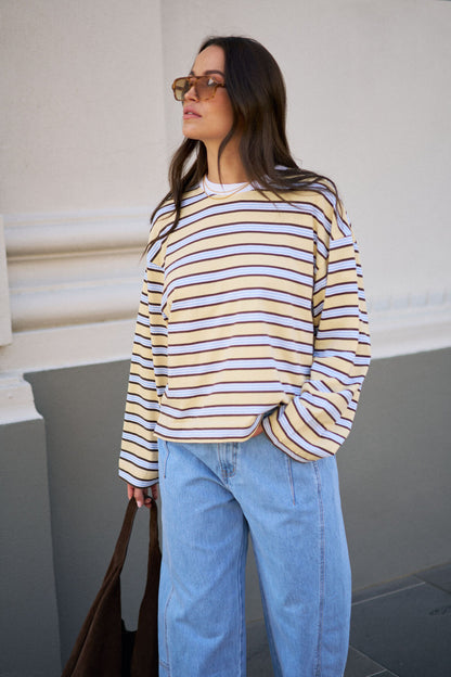 Ceres Life Beau Long Sleeve Slouchy Tee, Butter Brunette Stripe