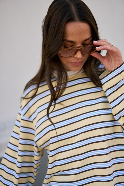 Ceres Life Beau Long Sleeve Slouchy Tee, Butter Brunette Stripe