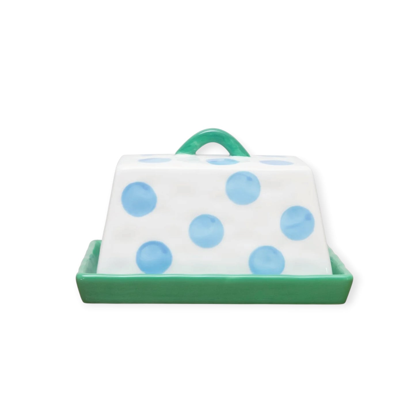 Noss & Co Large Butter Dish, Blue Dots with Green Handle & Tray