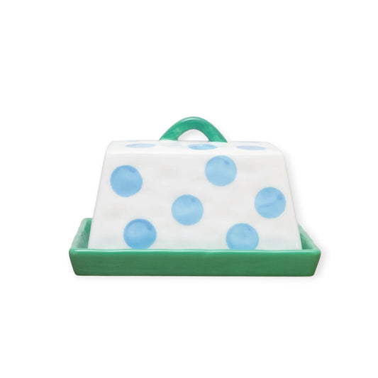 Noss & Co Large Butter Dish, Blue Dots with Green Handle & Tray