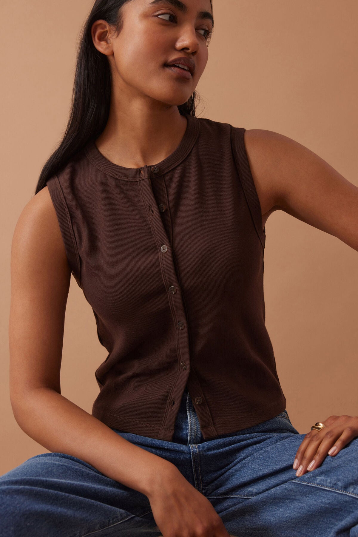 Ceres Life Lyla Button Through Rib Tank, Chocolate